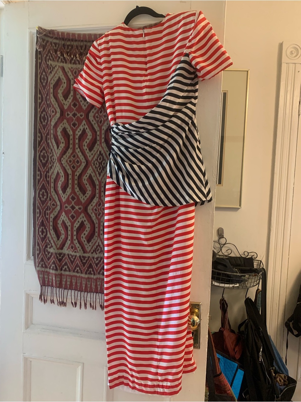 bill blass Red and White Striped Midi Dress with Black & White Draped Overlay.
